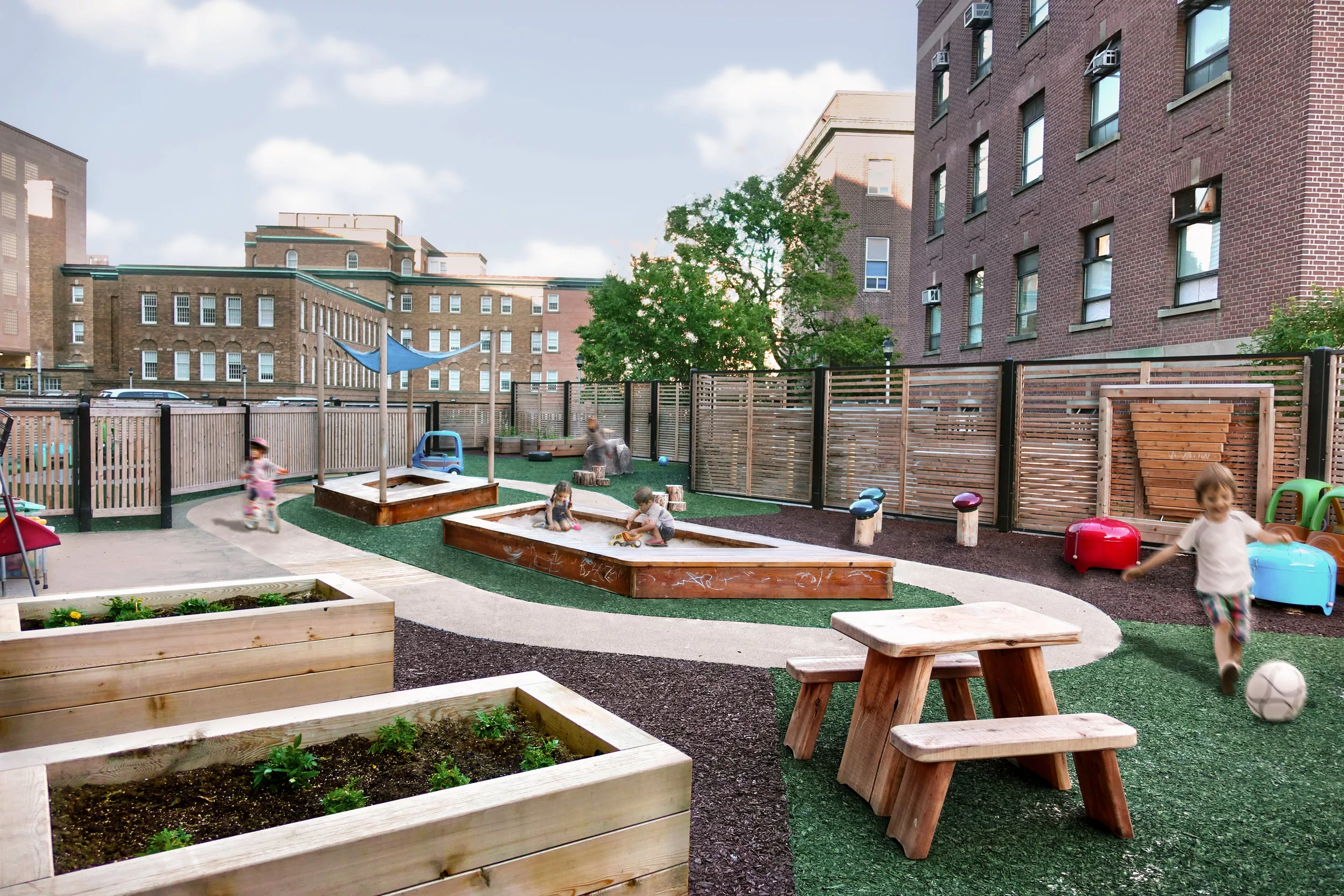 Daycare Playground with Sandbox and Garden